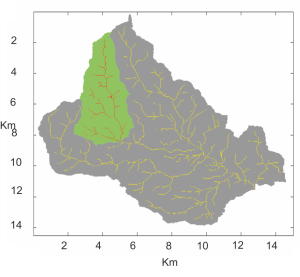 A map showing an example of a sub-catchment area. This one is 14.6% of the total area and if forested is predicted to lead to a 5.3% reduction in flood peak height after 25 years growth